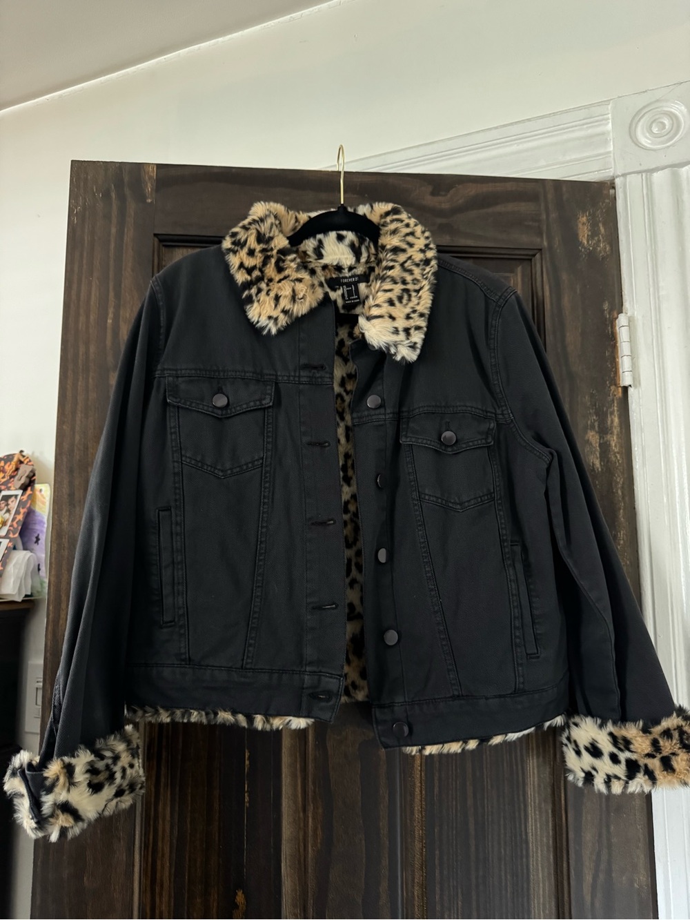 Black Denim Jacket with Leopard Faux-Fur Trim